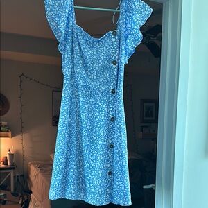 Floral Blue Dress with Ruffle Sleeves